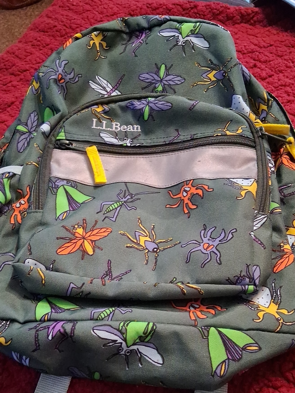 L.L. Bean Olive Green Kids Backpack with Colorful Bug Print